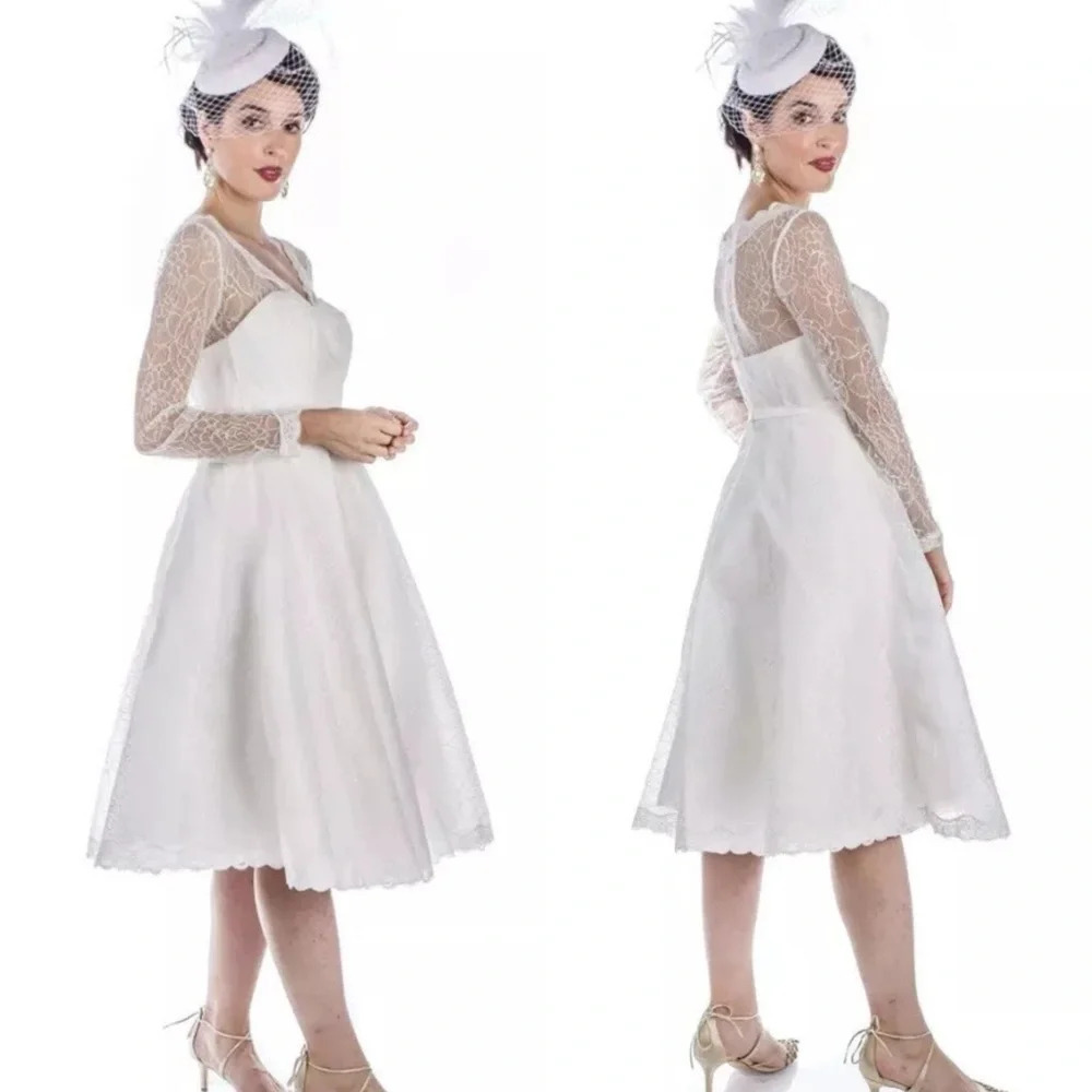 NWT Unique Vintage White Lace Midi Wedding Dress - Picture 3 of 6
